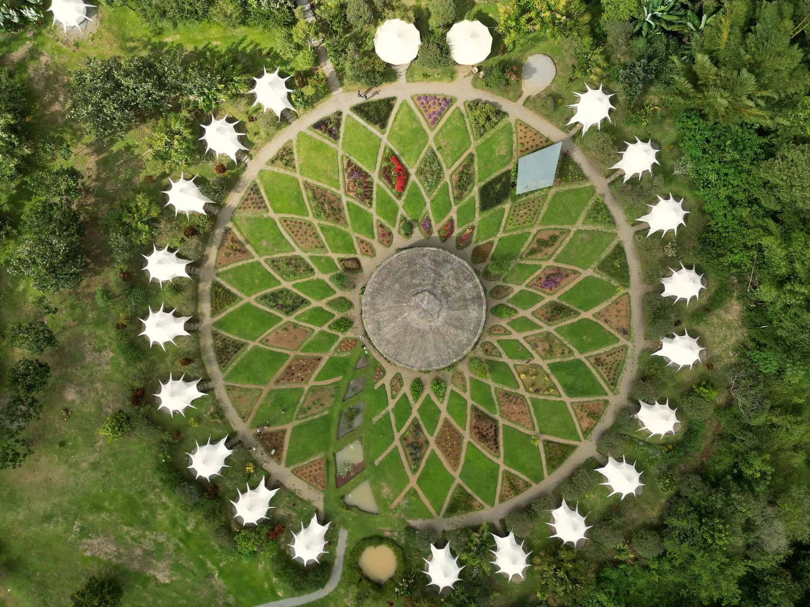 Aerial view of Kinkàra visit hub mandala at RISE Costa Rica